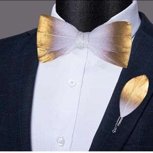 Elegant Gold and White Feather Bow Tie and Lapel Pin Set